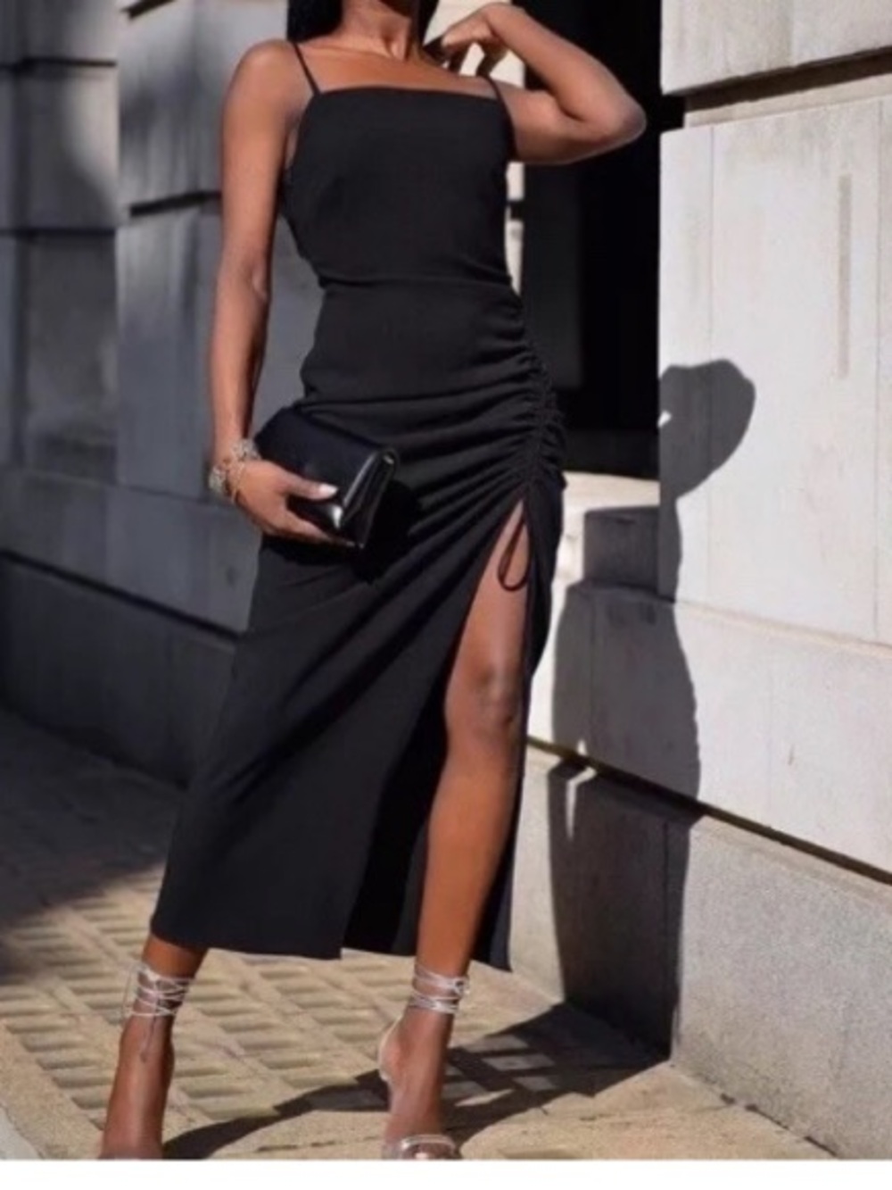 ZARA NEW WOMAN MIDI DRAPED DRESS STRAPPY BLACK size Large
